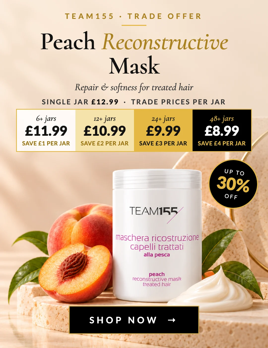 Peach Reconstructive Mask trade offer: from £11.99 per jar for 6+, down to £8.99 for 48+